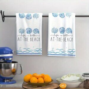 Coastal Decor Beach Theme Kitchen Towels -SET of 2 -Super Soft Woven Hand Towels